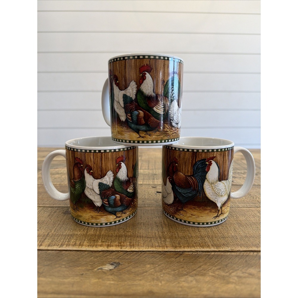 3 Chicken & Rooster 2002 Sakura  On The Farm By David Carter Brown Coffee Mugs